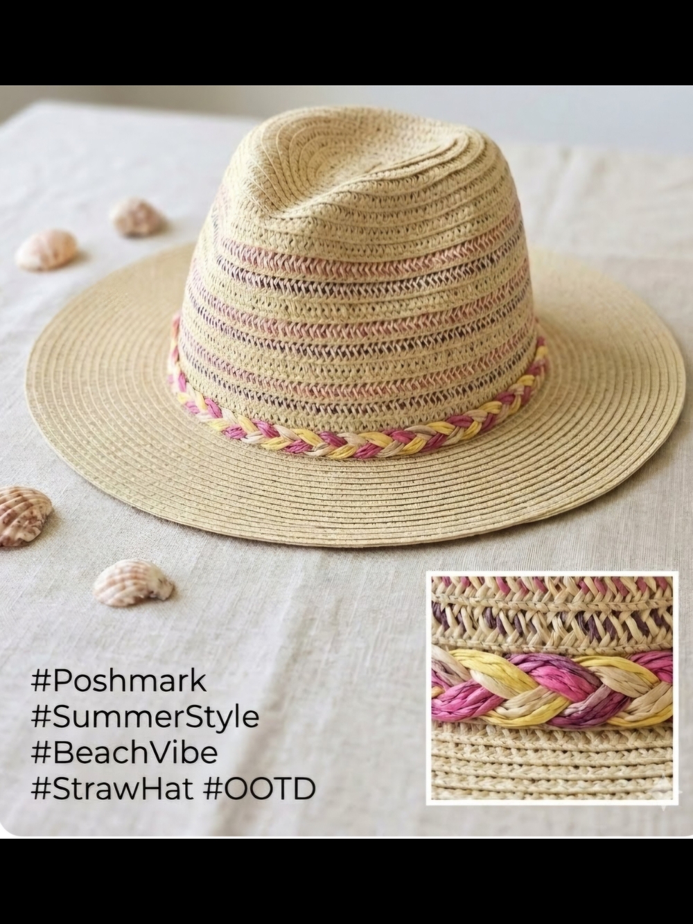 Fedora Braided Sun Hat Pink Yellow Braided Band Cream Tan Festival Vacation - Picture 1 of 16